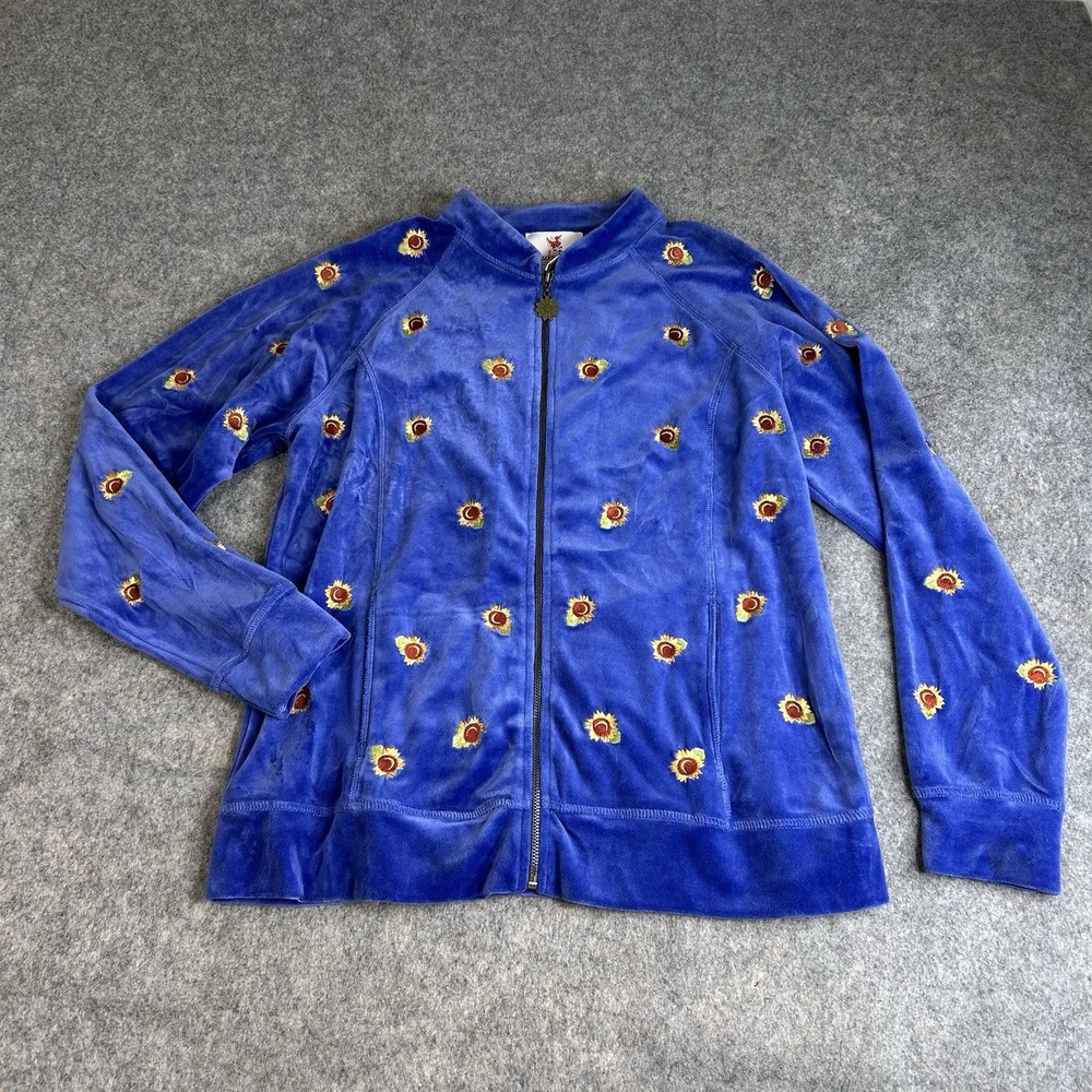 Quacket Factory Jacket Womens Medium Embroidered Sunflower Full Zip Blue Artsy